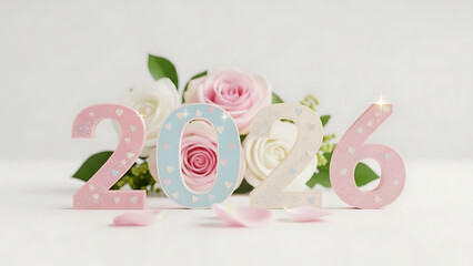 2026 Decorative Numbers with Pastel Roses and Glitter Hearts on White Background