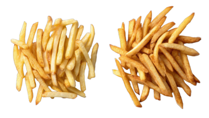 Two piles of cooked potato sticks, one golden brown, one lighter