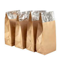 Four brown paper bags with reflective metallic interiors