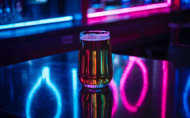 Cinematic neon beer glass on reflective table, blue and pink night glow, vibrant cyberpunk bar atmosphere, glowing liquid beverage, blurred bokeh background, nightlife party concept, synthwave.