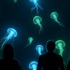 Silhouettes of people observing glowing jellyfish in a dark aquarium.