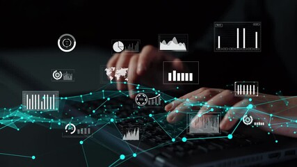 A close-up of hands typing on a laptop with various digital graphs and data visualizations. This image represents technology, data analysis, and digital solutions in a modern workspace. Xenic - Powered by Adobe