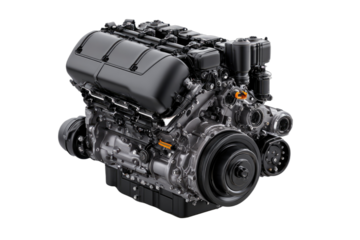 Intricate black v-engine with metallic components against a dark background