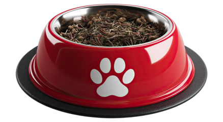 Red pet food bowl with paw print, filled with kibble