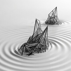 Abstract geometric structures in a minimalist zen garden with ripple patterns.