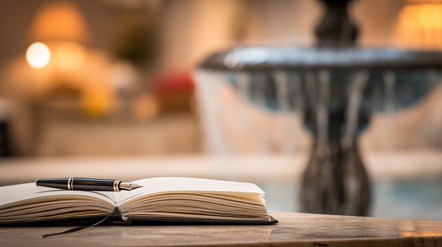 guestbook. Open leather-bound guestbook on a counter with a fountain pen, classic and elegant. lifestyle magazines, social media lookbooks, designed for lifestyle magazines and social media content.