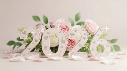 Elegant 2026 New Year Celebration with Pink Roses and Sparkling Decorative Numbers