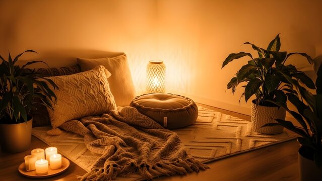 Cozy evening ambiance with warm lighting, plants, and candles creating a relaxing atmosphere.