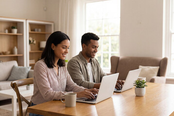 Diverse couple working remotely together using laptops at home