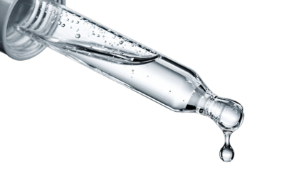 Clear liquid drips from glass dropper, with bubbles inside