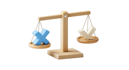 A balance scale with a red X on one side and a green checkmark on the other