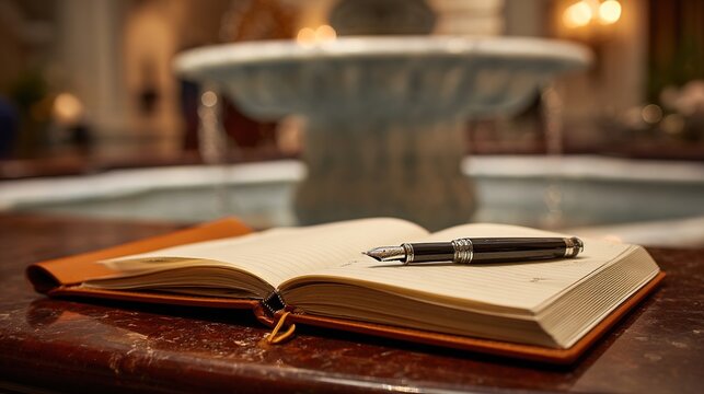 guestbook. Open leather-bound guestbook on a counter with a fountain pen, classic and elegant. lifestyle magazines, social media lookbooks, designed for lifestyle magazines and social media content.