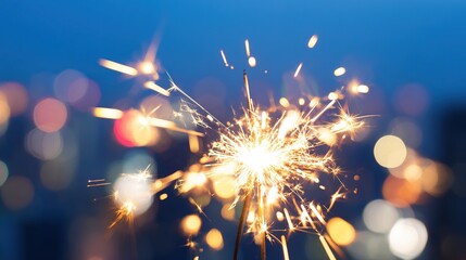 incandescent. Sparkler fizzing brightly against deep blue twilight sky, tutorial guides, club newsletters, designed for sports & leisure club marketing, used by product marketers.