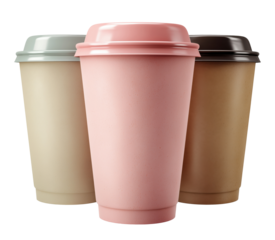 Three paper takeaway coffee cups in beige, pink and brown colors with lids, isolated on transparent background