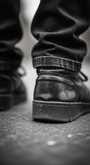 Close-up of a persons feet in black shoes and jeans walking on a paved surface, captured in a low-angle, black and white shot.