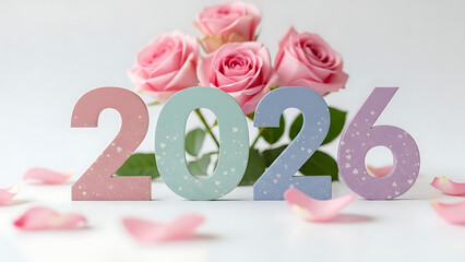 2026 pastel numbers with pink roses and soft flower petals on white background