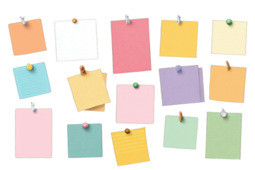 Assortment of colorful, pinned paper squares on a black background