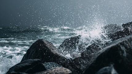 sedition. Ocean waves crashing against dark rocks with splashing water droplets in dramatic seascape. travel magazines, destination branding, designed for outdoor magazines and nature guides.