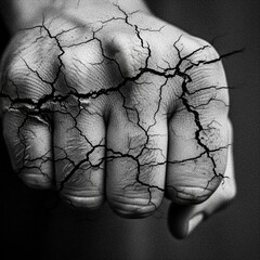 Cracked Fist Symbolizing Strength and Resilience in a Grayscale Close-up.