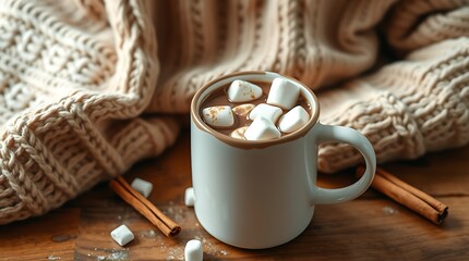 Cozy winter scene featuring a mug of hot chocolate topped with marshmallows and cinnamon sticks on wood