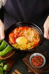 Hot Shrimp and Noodle Casserole with Egg - Chinese Spicy Soup