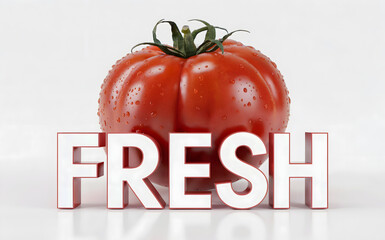 Fresh red tomato with water drops and 3D text typography, healthy organic food advertising concept, ripe vegetable studio shot isolated on white background, for market, grocery, diet, nutrition.