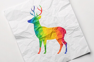 Obraz premium Rainbow geometric deer with low poly design on crumpled white paper featuring full spectrum gradient from green through orange and purple antlers