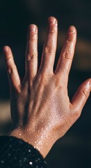 Close-up of a wet human hand with fingers spread, illuminated by natural light.