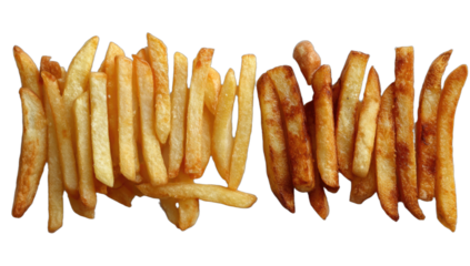 Crispy, golden-brown potato fries arranged in two uneven piles
