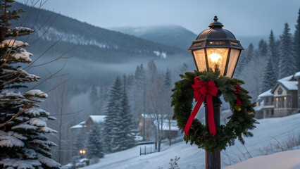 winter in the mountains, street lamp in winter, ski resort in winter, cozy alpine village, christmas street scene, mountain town lights, foggy winter backdrop