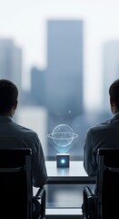 Two business people looking at a holographic projection of a planet in a modern office with city views.