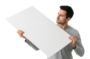 Man holding blank portrait creative isolated on transparent background