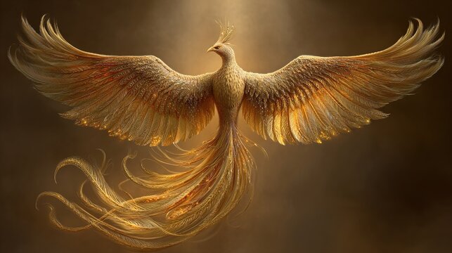 middleground. Phoenix bird with flowing tail feathers in golden light atmosphere, elegant mythological art. wildlife magazines, conservation campaigns, designed for eco-tourism storytelling.