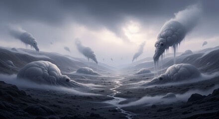 Ethereal Landscape with Mysterious Cloud Formations and Winding River Under a Hazy Sky.