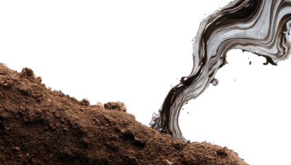 Dark liquid swirls into brown soil against a black background