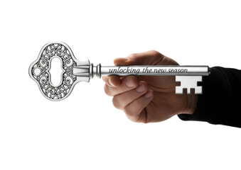 Unlocking the new season hand with key in bright environment isolated on transparent background