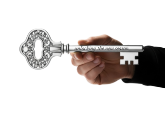 Unlocking the new season hand with key in bright environment isolated on transparent background