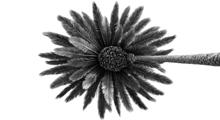 Top view of a sago palm's fronds and stem in grayscale