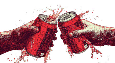 Two hands clinking red cans, splashing red liquid against dark background