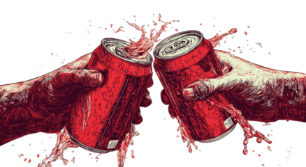Two hands clinking red cans, splashing red liquid against dark background