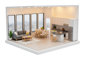 Modern miniature apartment interior home model bright aerial view isolated on transparent background