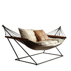 Comfortable hammock with plush cushions on a metal stand