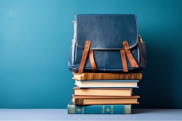 Modern school backpack and books on blue background