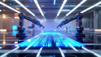 A humanoid robot sitting at a desk using a laptop, surrounded by holographic digital graphs and futuristic data visualizations.