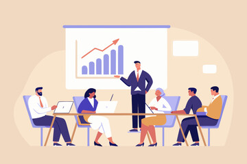 Business presentation with team meeting and growth chart illustration