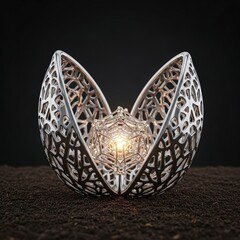 Intricate Silver Filigree Lotus Flower Sculpture with Glowing Center on Dark Background.