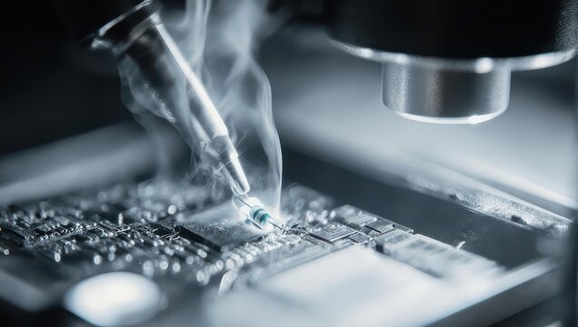 Close-up of a technician soldering a circuit board with a soldering iron, creating smoke.