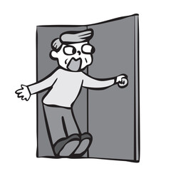 ドアを開ける男性_モノクロ　驚く