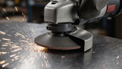 Close-up of an angle grinder creating sparks while cutting metal in a workshop.