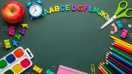 Back to school supplies arranged on a green background with copy space